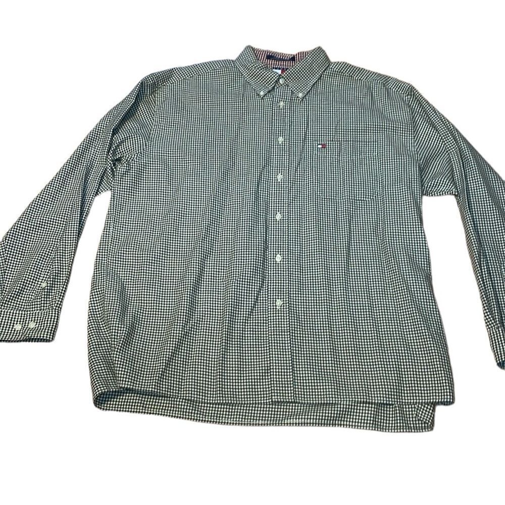 Tommy Hilfiger long sleeve button down shirt, forest green, cream, check, XL